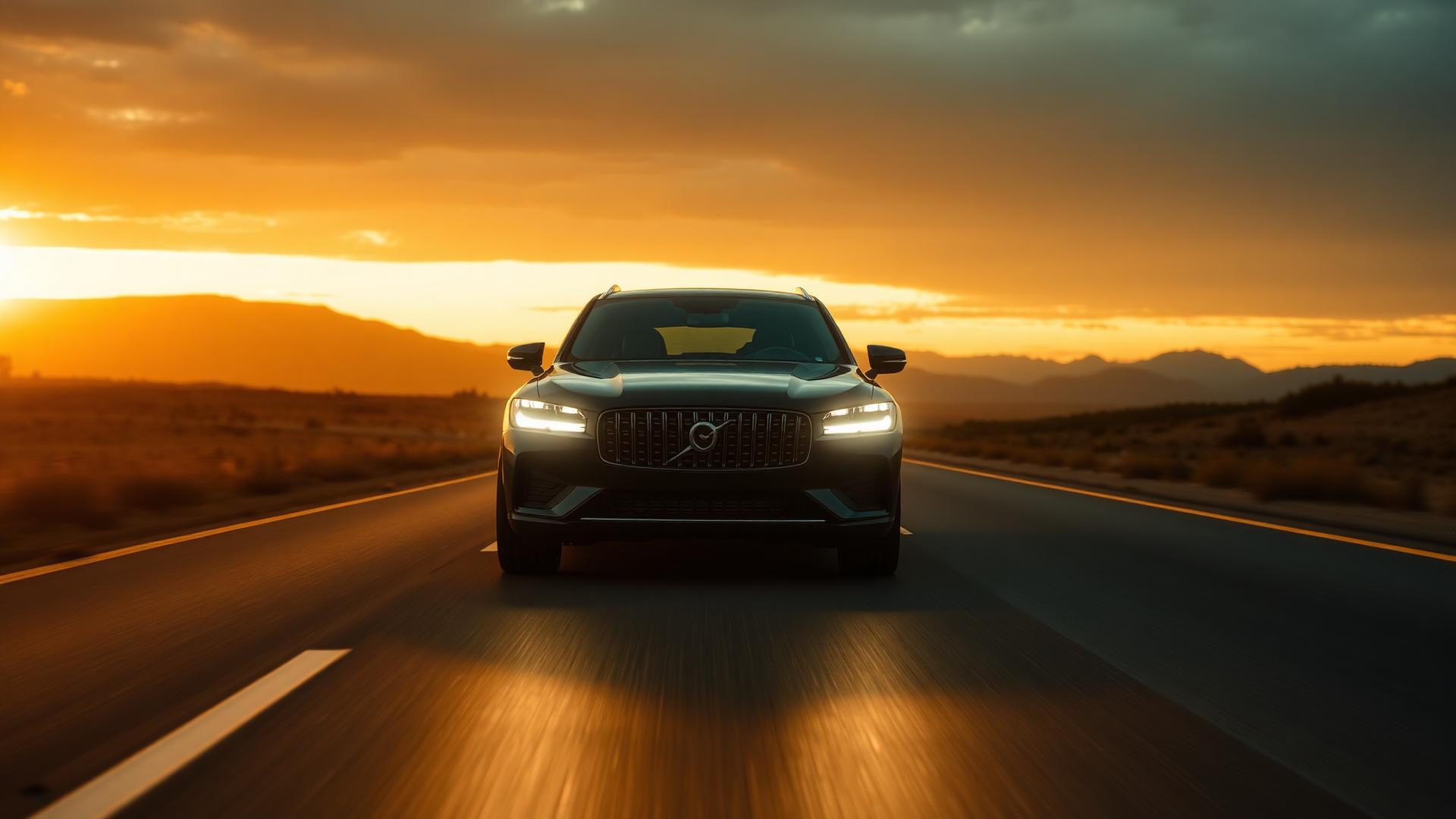 Luxury SUV driving on highway at golden hour